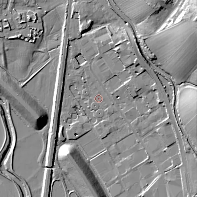 Shaded relief map of the ground around BD232UR, computed from Environment Agency LiDAR. The ground here sits at about 95 m above sea level and falls 32 m across the surrounding 800 m. Surface water reaching this point runs off ground lying to the north-north-east, 2.1 m higher.