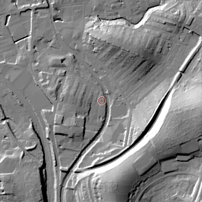 Shaded relief map of the ground around BD232UT, computed from Environment Agency LiDAR. The ground here sits at about 107 m above sea level and falls 44 m across the surrounding 800 m. Surface water reaching this point runs off ground lying to the south-west, 8.9 m higher.