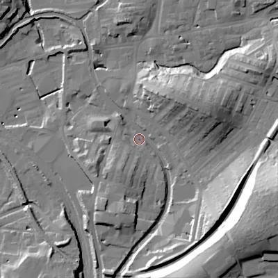 Shaded relief map of the ground around BD232UW, computed from Environment Agency LiDAR. The ground here sits at about 106 m above sea level and falls 38 m across the surrounding 800 m. Surface water reaching this point runs off ground lying to the south-east, 2.5 m higher.