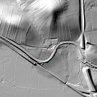 Shaded relief map of the ground around BD233AA, computed from Environment Agency LiDAR. The ground here sits at about 105 m above sea level and falls 52 m across the surrounding 800 m. Surface water reaching this point runs off ground lying to the north, 41.4 m higher.