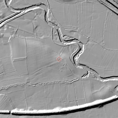 Shaded relief map of the ground around BD233AB, computed from Environment Agency LiDAR. The ground here sits at about 96 m above sea level and falls 17 m across the surrounding 800 m. Surface water reaching this point runs off ground lying to the south-south-west, 1.8 m higher.