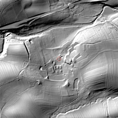 Shaded relief map of the ground around BD233AE, computed from Environment Agency LiDAR. The ground here sits at about 111 m above sea level and falls 36 m across the surrounding 800 m. Surface water reaching this point runs off ground lying to the east-south-east, 24.1 m higher.