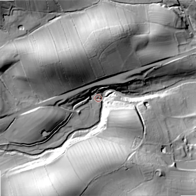 Shaded relief map of the ground around BD233AG, computed from Environment Agency LiDAR. The ground here sits at about 104 m above sea level and falls 41 m across the surrounding 800 m. Surface water reaching this point runs off ground lying to the south-south-west, 40.0 m higher.