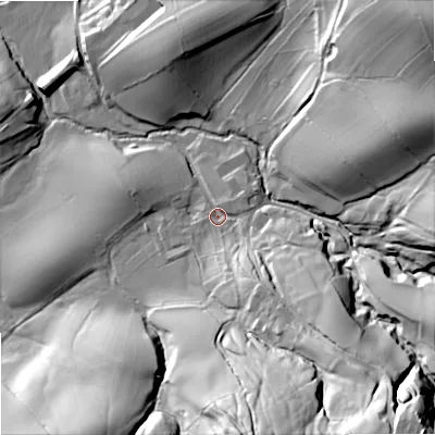 Shaded relief map of the ground around BD233AS, computed from Environment Agency LiDAR. The ground here sits at about 129 m above sea level and falls 67 m across the surrounding 800 m. Surface water reaching this point runs off ground lying to the south-south-east, 19.5 m higher.