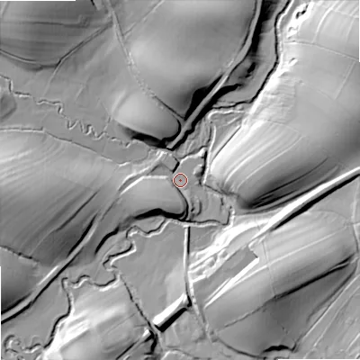 Shaded relief map of the ground around BD233AY, computed from Environment Agency LiDAR. The ground here sits at about 114 m above sea level and falls 28 m across the surrounding 800 m. Surface water reaching this point runs off ground lying to the south-west, 10.1 m higher.