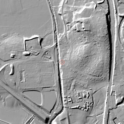 Shaded relief map of the ground around BD233BP, computed from Environment Agency LiDAR. The ground here sits at about 98 m above sea level and falls 24 m across the surrounding 800 m. Surface water reaching this point runs off ground lying to the north-north-east, 20.2 m higher.