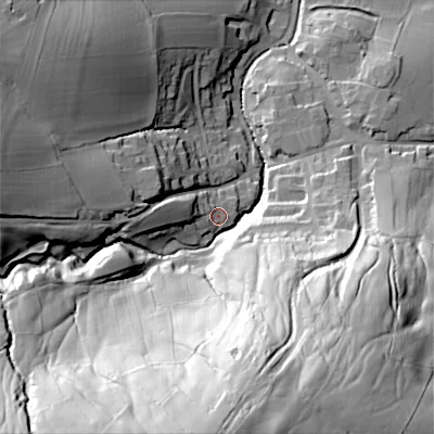 Shaded relief map of the ground around BD233EE, computed from Environment Agency LiDAR. The ground here sits at about 114 m above sea level and falls 91 m across the surrounding 800 m. Surface water reaching this point runs off ground lying to the west, 5.1 m higher.