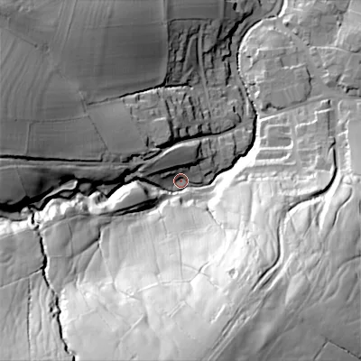 Shaded relief map of the ground around BD233EH, computed from Environment Agency LiDAR. The ground here sits at about 115 m above sea level and falls 94 m across the surrounding 800 m. Surface water reaching this point runs off ground lying to the south, 80.3 m higher.