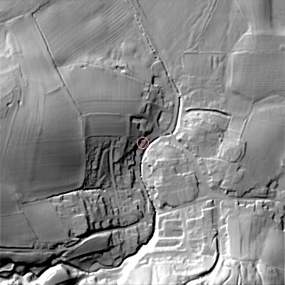 Shaded relief map of the ground around BD233ET, computed from Environment Agency LiDAR. The ground here sits at about 104 m above sea level and falls 52 m across the surrounding 800 m. Surface water reaching this point runs off ground lying to the west, 43.5 m higher.
