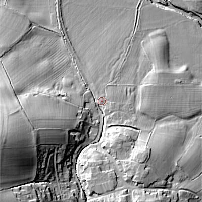 Shaded relief map of the ground around BD233EU, computed from Environment Agency LiDAR. The ground here sits at about 100 m above sea level and falls 51 m across the surrounding 800 m. Surface water reaching this point runs off ground lying to the west-south-west, 42.7 m higher.