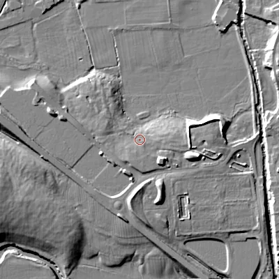 Shaded relief map of the ground around BD233FP, computed from Environment Agency LiDAR. The ground here sits at about 98 m above sea level and falls 14 m across the surrounding 800 m. Surface water reaching this point runs off ground lying to the east, 3.4 m higher.