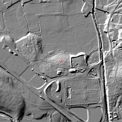 Shaded relief map of the ground around BD233FQ, computed from Environment Agency LiDAR. The ground here sits at about 99 m above sea level and falls 19 m across the surrounding 800 m. Surface water reaching this point runs off ground lying to the south-east, 2.1 m higher.