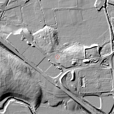 Shaded relief map of the ground around BD233FU, computed from Environment Agency LiDAR. The ground here sits at about 98 m above sea level and falls 14 m across the surrounding 800 m. Surface water reaching this point runs off ground lying to the east-south-east, 1.9 m higher.