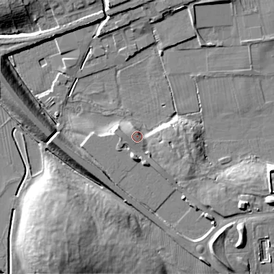 Shaded relief map of the ground around BD233FZ, computed from Environment Agency LiDAR. The ground here sits at about 97 m above sea level and falls 13 m across the surrounding 800 m. Surface water reaching this point runs off ground lying to the east-south-east, 9.5 m higher.