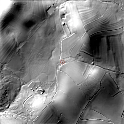 Shaded relief map of the ground around BD233JS, computed from Environment Agency LiDAR. The ground here sits at about 146 m above sea level and falls 42 m across the surrounding 800 m. Surface water reaching this point runs off ground lying to the north-east, 21.3 m higher.