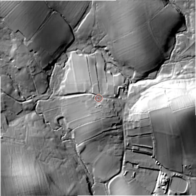 Shaded relief map of the ground around BD233JT, computed from Environment Agency LiDAR. The ground here sits at about 144 m above sea level and falls 52 m across the surrounding 800 m. Surface water reaching this point runs off ground lying to the south-east, 3.6 m higher.