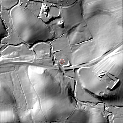 Shaded relief map of the ground around BD233JX, computed from Environment Agency LiDAR. The ground here sits at about 122 m above sea level and falls 36 m across the surrounding 800 m. Surface water reaching this point runs off ground lying to the south-south-east, 1.3 m higher.