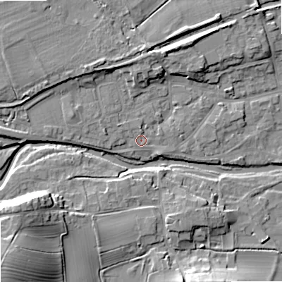Shaded relief map of the ground around BD233LX, computed from Environment Agency LiDAR. The ground here sits at about 110 m above sea level and falls 20 m across the surrounding 800 m. Surface water reaching this point runs off ground lying to the west-north-west, 2.4 m higher.