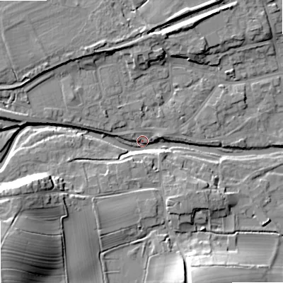 Shaded relief map of the ground around BD233LY, computed from Environment Agency LiDAR. The ground here sits at about 109 m above sea level and falls 22 m across the surrounding 800 m. Surface water reaching this point runs off ground lying to the west-south-west, 15.5 m higher.