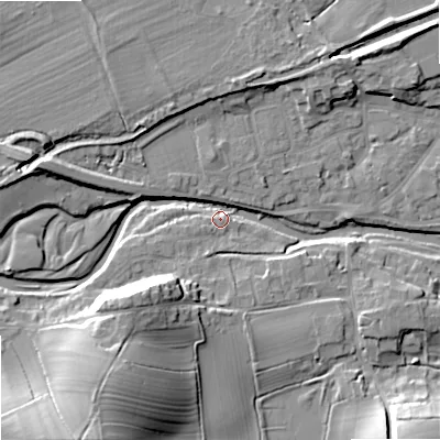 Shaded relief map of the ground around BD233ND, computed from Environment Agency LiDAR. The ground here sits at about 110 m above sea level and falls 22 m across the surrounding 800 m. Surface water reaching this point runs off ground lying to the south-west, 20.6 m higher.
