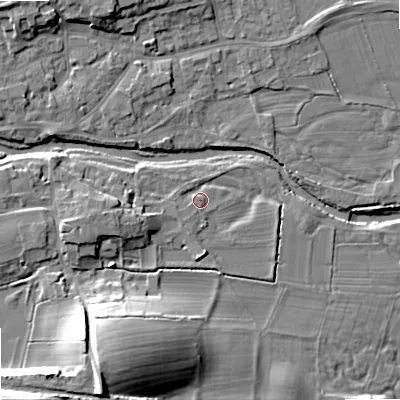 Shaded relief map of the ground around BD233NJ, computed from Environment Agency LiDAR. The ground here sits at about 108 m above sea level and falls 25 m across the surrounding 800 m. Surface water reaching this point runs off ground lying to the west-south-west, 1.6 m higher.
