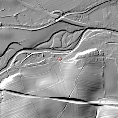 Shaded relief map of the ground around BD233NN, computed from Environment Agency LiDAR. The ground here sits at about 113 m above sea level and falls 31 m across the surrounding 800 m. Surface water reaching this point runs off ground lying to the south-south-west, 26.8 m higher.
