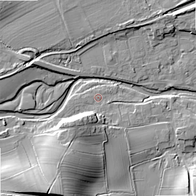 Shaded relief map of the ground around BD233NP, computed from Environment Agency LiDAR. The ground here sits at about 111 m above sea level and falls 24 m across the surrounding 800 m. Surface water reaching this point runs off ground lying to the south-south-west, 13.3 m higher.