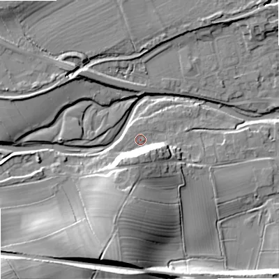 Shaded relief map of the ground around BD233NR, computed from Environment Agency LiDAR. The ground here sits at about 112 m above sea level and falls 29 m across the surrounding 800 m. Surface water reaching this point runs off ground lying to the south-south-west, 12.7 m higher.