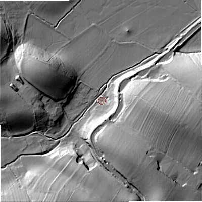 Shaded relief map of the ground around BD233NT, computed from Environment Agency LiDAR. The ground here sits at about 124 m above sea level and falls 33 m across the surrounding 800 m. Surface water reaching this point runs off ground lying to the south-south-east, 28.1 m higher.