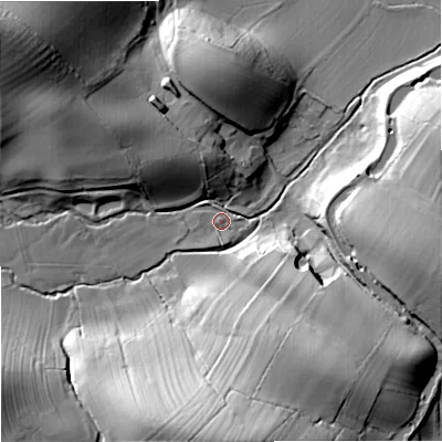 Shaded relief map of the ground around BD233NU, computed from Environment Agency LiDAR. The ground here sits at about 126 m above sea level and falls 46 m across the surrounding 800 m. Surface water reaching this point runs off ground lying to the north-west, 34.0 m higher.