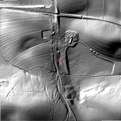 Shaded relief map of the ground around BD233PD, computed from Environment Agency LiDAR. The ground here sits at about 122 m above sea level and falls 72 m across the surrounding 800 m. Surface water reaching this point runs off ground lying to the south-west, 23.2 m higher.