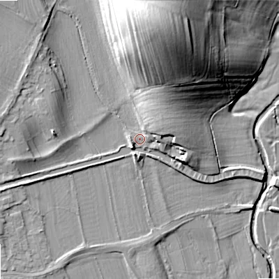 Shaded relief map of the ground around BD233PP, computed from Environment Agency LiDAR. The ground here sits at about 109 m above sea level and falls 36 m across the surrounding 800 m. Surface water reaching this point runs off ground lying to the north-east, 7.1 m higher.