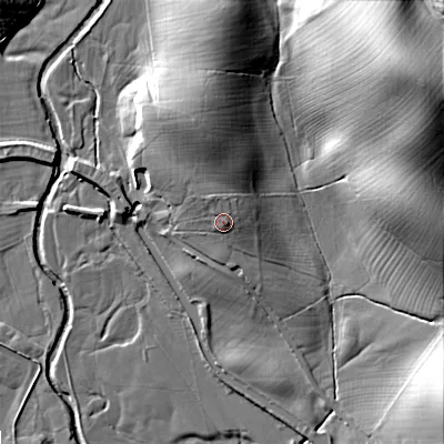 Shaded relief map of the ground around BD233PR, computed from Environment Agency LiDAR. The ground here sits at about 113 m above sea level and falls 49 m across the surrounding 800 m. Surface water reaching this point runs off ground lying to the north, 2.1 m higher.