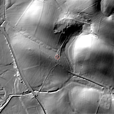 Shaded relief map of the ground around BD233PS, computed from Environment Agency LiDAR. The ground here sits at about 117 m above sea level and falls 54 m across the surrounding 800 m. Surface water reaching this point runs off ground lying to the west-south-west, 3.6 m higher.
