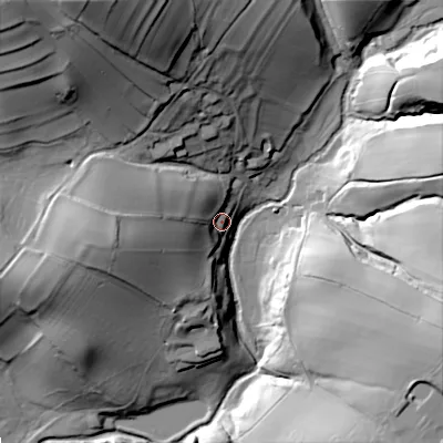 Shaded relief map of the ground around BD233PX, computed from Environment Agency LiDAR. The ground here sits at about 134 m above sea level and falls 66 m across the surrounding 800 m. Surface water reaching this point runs off ground lying to the west, 30.7 m higher.