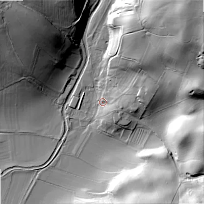 Shaded relief map of the ground around BD233QR, computed from Environment Agency LiDAR. The ground here sits at about 153 m above sea level and falls 81 m across the surrounding 800 m. Surface water reaching this point runs off ground lying to the east, 13.6 m higher.
