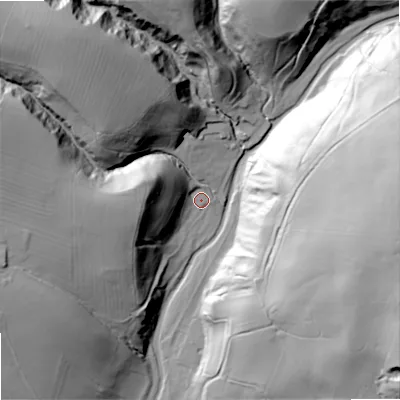 Shaded relief map of the ground around BD233QT, computed from Environment Agency LiDAR. The ground here sits at about 161 m above sea level and falls 79 m across the surrounding 800 m. Surface water reaching this point runs off ground lying to the west, 37.3 m higher.