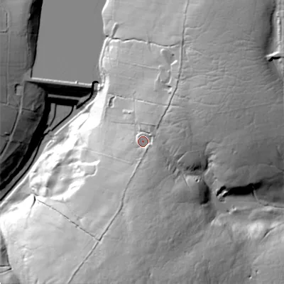 Shaded relief map of the ground around BD233QU, computed from Environment Agency LiDAR. The ground here sits at about 224 m above sea level and falls 70 m across the surrounding 800 m. Surface water reaching this point runs off ground lying to the east-north-east, 15.3 m higher.