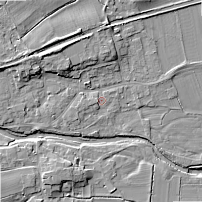 Shaded relief map of the ground around BD233RS, computed from Environment Agency LiDAR. The ground here sits at about 108 m above sea level and falls 13 m across the surrounding 800 m. The ground contributing surface water to this point lies to the north-east.