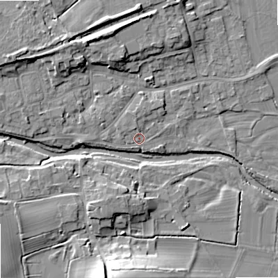 Shaded relief map of the ground around BD233RT, computed from Environment Agency LiDAR. The ground here sits at about 108 m above sea level and falls 17 m across the surrounding 800 m. Surface water reaching this point runs off ground lying to the west-north-west, 2.9 m higher.
