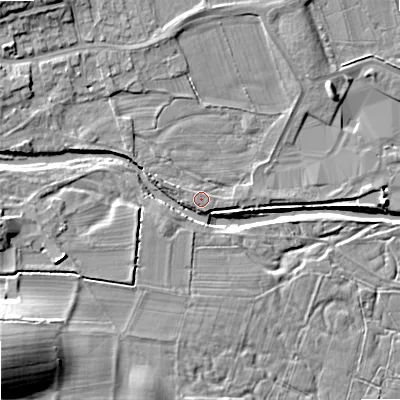 Shaded relief map of the ground around BD233RU, computed from Environment Agency LiDAR. The ground here sits at about 106 m above sea level and falls 20 m across the surrounding 800 m. The ground contributing surface water to this point lies to the west-north-west.