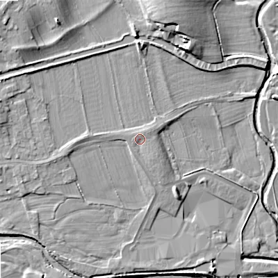 Shaded relief map of the ground around BD233RX, computed from Environment Agency LiDAR. The ground here sits at about 107 m above sea level and falls 15 m across the surrounding 800 m. Surface water reaching this point runs off ground lying to the north-north-east, 1.0 m higher.
