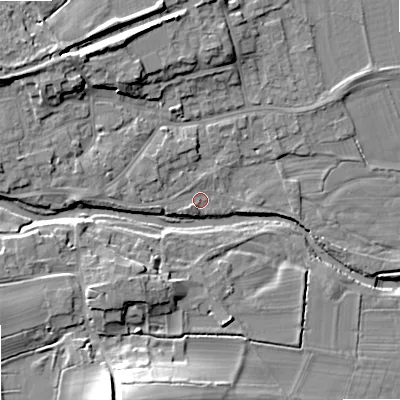 Shaded relief map of the ground around BD233RY, computed from Environment Agency LiDAR. The ground here sits at about 108 m above sea level and falls 19 m across the surrounding 800 m. Surface water reaching this point runs off ground lying to the south-west, 1.4 m higher.