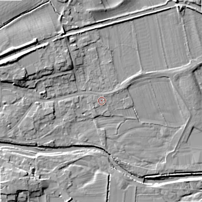 Shaded relief map of the ground around BD233SA, computed from Environment Agency LiDAR. The ground here sits at about 107 m above sea level and falls 14 m across the surrounding 800 m. Surface water reaching this point runs off ground lying to the west, 1.2 m higher.