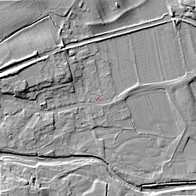 Shaded relief map of the ground around BD233SB, computed from Environment Agency LiDAR. The ground here sits at about 107 m above sea level and falls 14 m across the surrounding 800 m. Surface water reaching this point runs off ground lying to the west-north-west, 8.4 m higher.