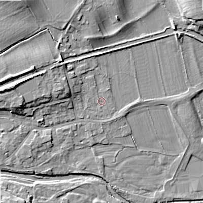 Shaded relief map of the ground around BD233SD, computed from Environment Agency LiDAR. The ground here sits at about 107 m above sea level and falls 12 m across the surrounding 800 m. Surface water reaching this point runs off ground lying to the west-north-west, 5.1 m higher.