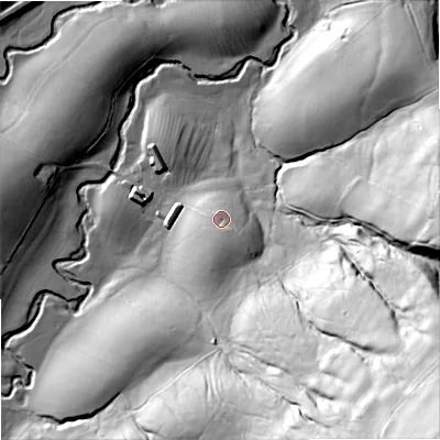 Shaded relief map of the ground around BD233TD, computed from Environment Agency LiDAR. The ground here sits at about 141 m above sea level and falls 109 m across the surrounding 800 m. Surface water reaching this point runs off ground lying to the south, 6.3 m higher.