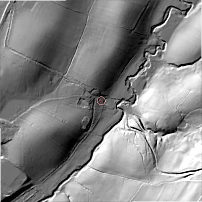 Shaded relief map of the ground around BD233TQ, computed from Environment Agency LiDAR. The ground here sits at about 129 m above sea level and falls 78 m across the surrounding 800 m. Surface water reaching this point runs off ground lying to the north-north-west, 7.1 m higher.