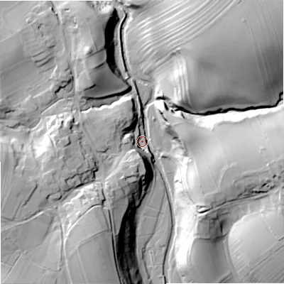 Shaded relief map of the ground around BD234AF, computed from Environment Agency LiDAR. The ground here sits at about 158 m above sea level and falls 56 m across the surrounding 800 m. Surface water reaching this point runs off ground lying to the north-east, 52.6 m higher.