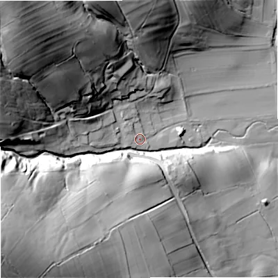 Shaded relief map of the ground around BD234BL, computed from Environment Agency LiDAR. The ground here sits at about 183 m above sea level and falls 76 m across the surrounding 800 m. Surface water reaching this point runs off ground lying to the north-west, 64.4 m higher.